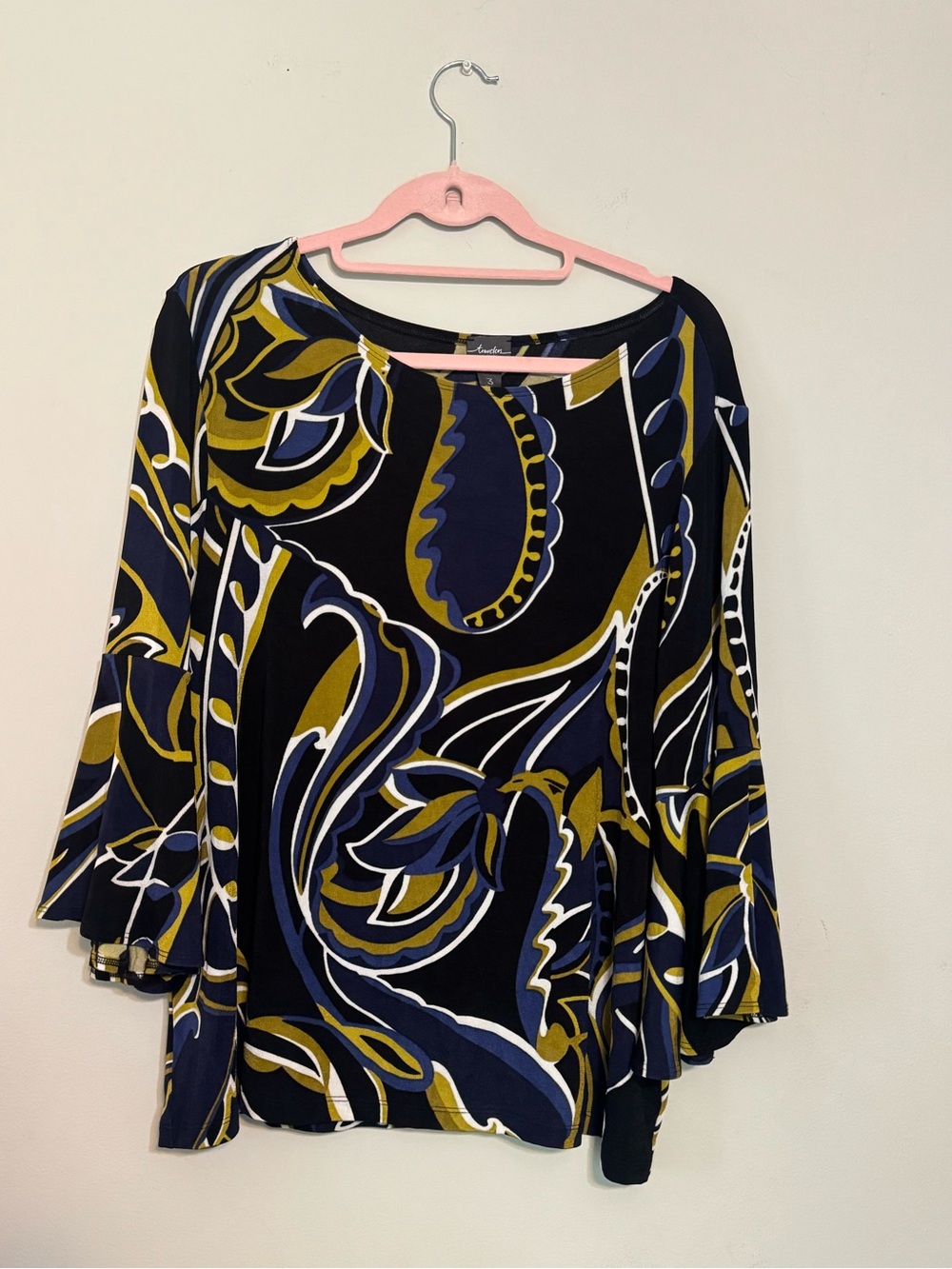 Chico's Travelers Women's Black Navy & Olive Paisley Bell-Sleeve Tunic